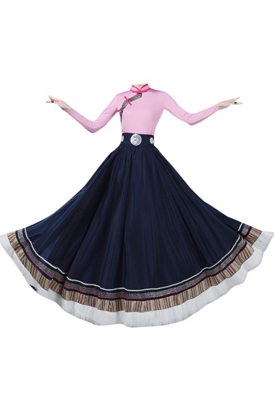 Design Tibetan dance costume skirt, custom-made big swing skirt performance costume, women's top jumpsuit, Tibetan practice clothing, art test ethnic style, Tibetan performance costume SKDO020 45 degree